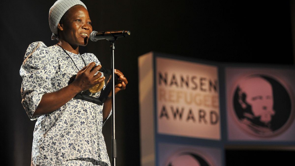 UNHCR's Nansen Refugee Award ceremony in Geneva, Switzerland / Sister Angélique Namaika from Democratic Republic of the Congo addresses the audience at the 2013 Nansen Refugee Award ceremony. 