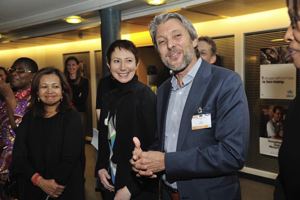 Reception in honour of members of UNHCR's inaugural Advisory Group on Gender, Forced Displacement and Protection. Gary Barker, from USA;
with fellow advisory group members Shereen El Feki, from the United Kingdom; Marina Mahathir from Malaysia.