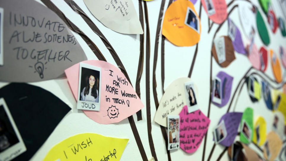 Notices on the wall of the ReDI school in Berlin express participants' views on the Digital Women's Programme.