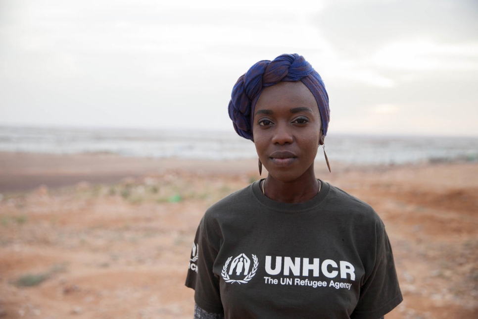Portrait of UNHCR Goodwill Ambassador Emi Mahmoud against the backdrop of Azraq refugee camp in Jordan in March 2018.