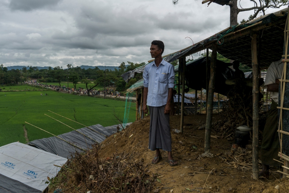 Bangladesh. Jaheed Hussain, a Rohingya refugee, in his shelter in an informal settlement