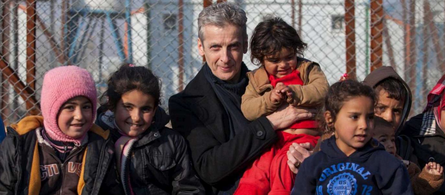 UNHCR High Profile Supporter Peter Capaldi meets Syrian refugee children who arrived with their families the night before and are waiting to receive their non-food items and to be assigned to their new homes.