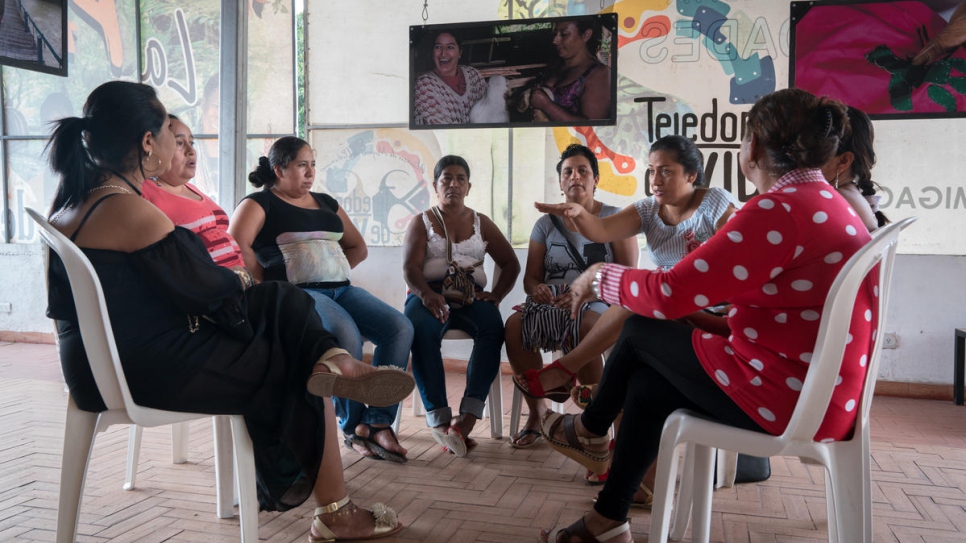 A group discussion at the headquarters of the Life Weavers Women's Alliance in Mocoa, Colombia. Participants work through issues of abuse inflicted on women displaced by the armed conflict and free counselling is provided.