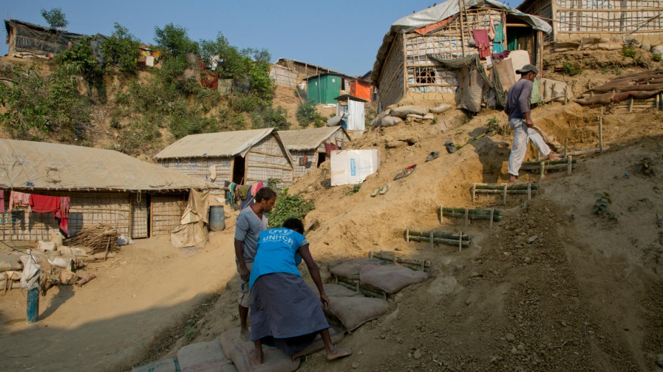 UNHCR is undertaking a massive monsoon preparedness operation including the distribution of upgraded shelter kits, reinforcing roads, raising bridges and sandbagging steps at risk of being washed away.