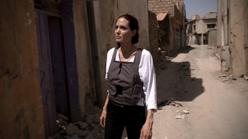 UNHCR Special Envoy Angelina Jolie walks among the rubble in West Mosul, Iraq.