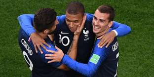 La joie des joueurs de l’équipe de France après le but de Mbappé, le 21 juin face au Pérou.