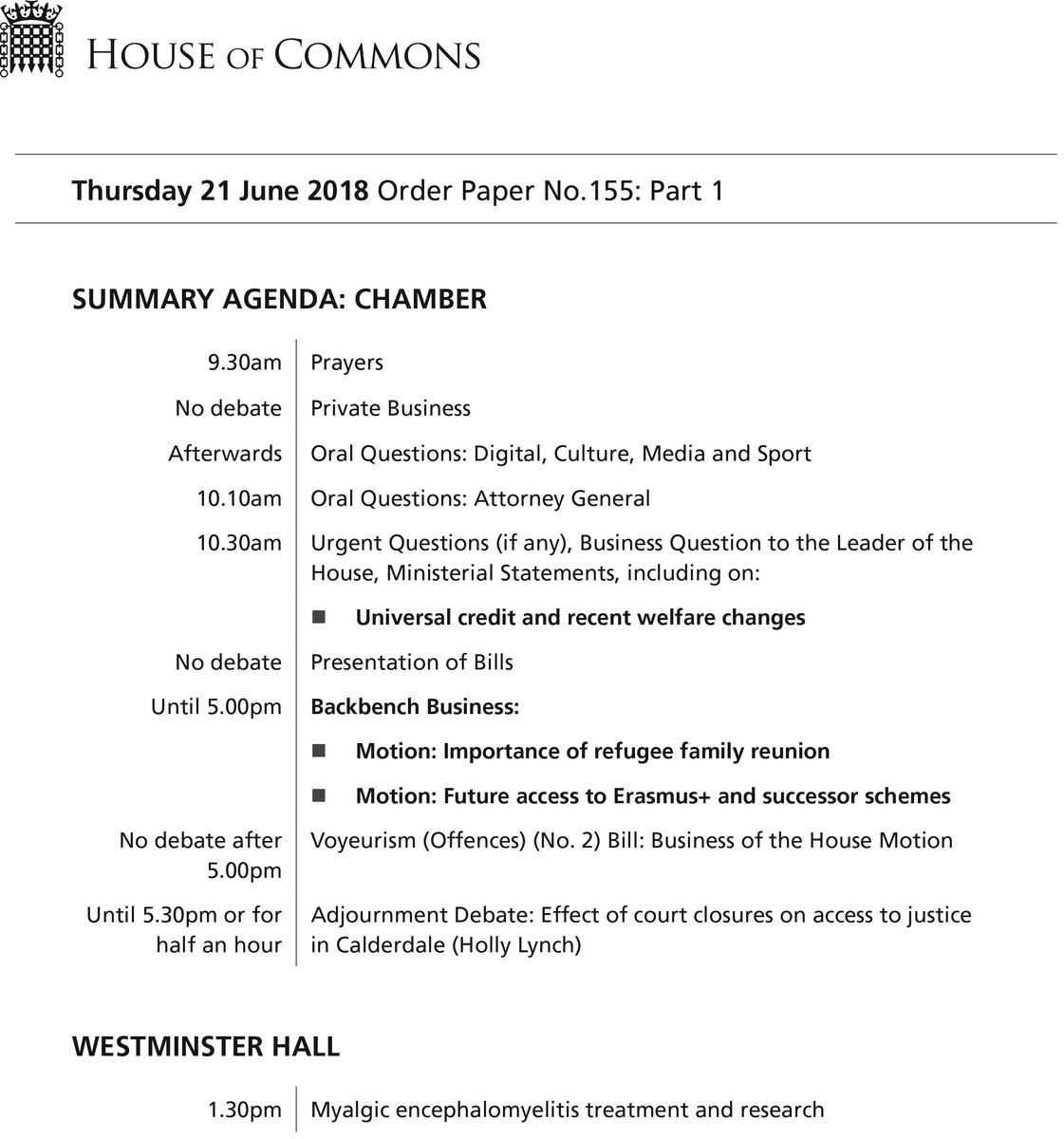 Image shows the Commons Order Paper for Thursday 21 June 2018. Click on the link in the tweet for the html version.