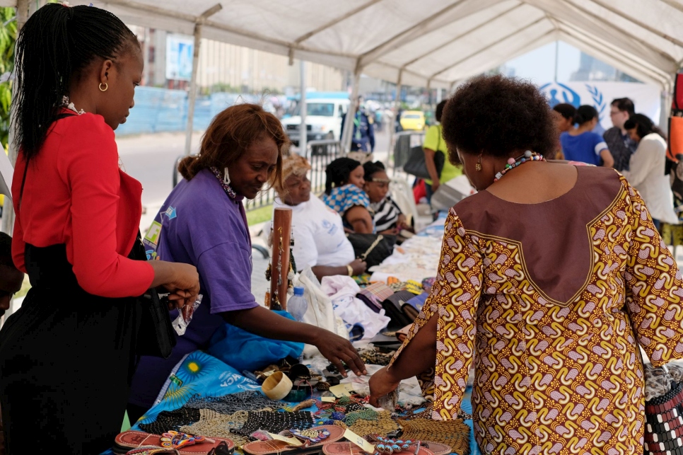 Refugee entrepreneurs set up a market in downtown Kinshasa, DRC where they sold handmade clothes, jewelry, art and food. 