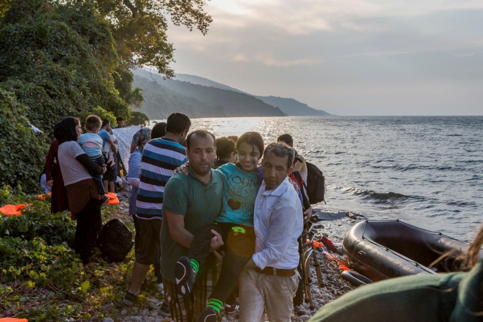 Greece. Refugees arrive on the Island of Lesbos after crossing the Aegean from Turkey