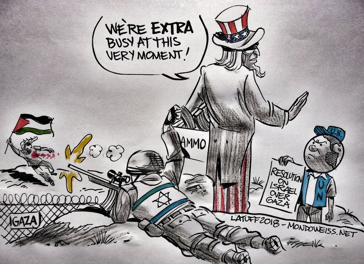 @LatuffCartoon: Uncle Sam stops UN world figure holding paper with 'Resolution on Israel over Gaza.' Uncle Sam also holds Ammunition box behind his back giving Israeli Military man bullets to shoot Gaza protestor holding Flag of Palestine.  Uncle Sam says: "We're extra busy at this very moment" as he stops UN man.