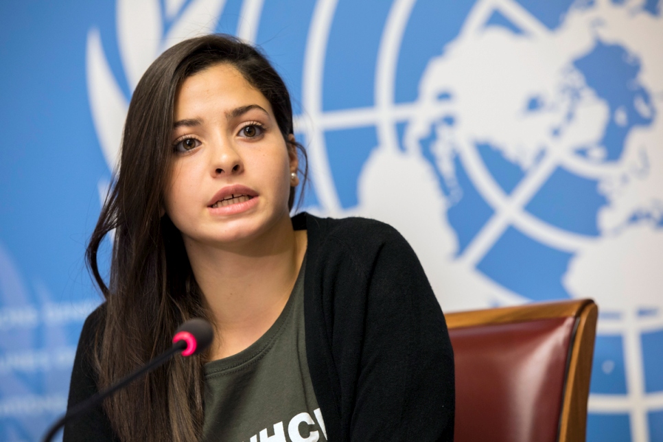 Yusra Mardini answers questions during a press conference in Geneva following her appointment as Goodwill Ambassador.