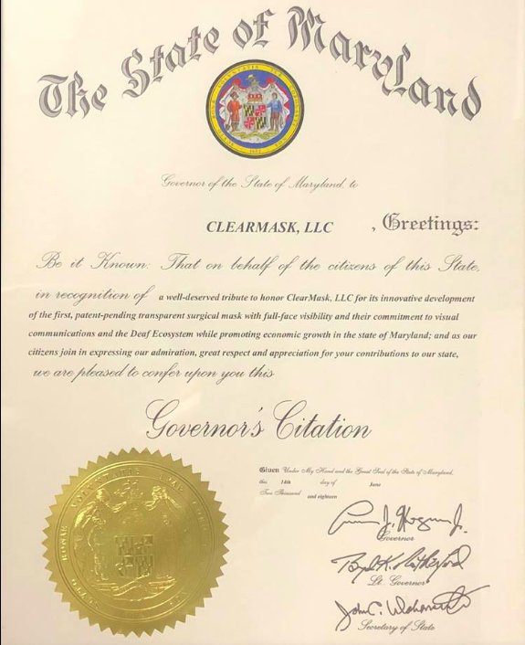 Governor's Citation for ClearMask LLC from Governor Larry Hogan