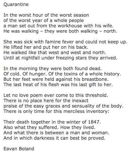Eavan Boland's poem Quarantine about the death of a couple in the 1847 Great Hunger