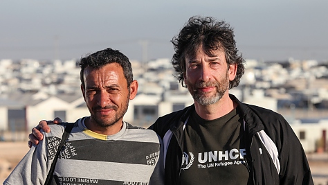 Jordan. UNHCR High Profile Supporter Neil Gaiman visits refugees at Zaatari camp