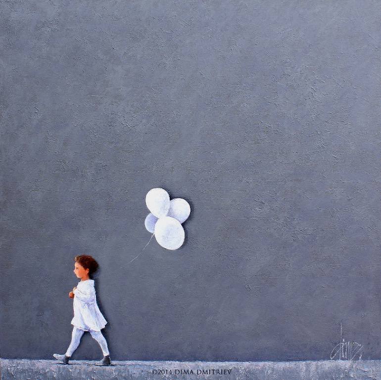 Grey background little girl carrying a few balloons