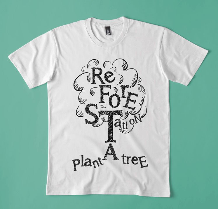 Trendy environmental t-shirt design with slogan “Reforestation” and “Plant A Tree” typography play design and illustration. Environmental engagement and awareness.