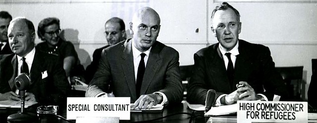 Switzerland/ Geneva/ Seen here as they attended today's meeting of the 25-member Executive Committee which administers the programs of the United Nations High Commissioner for Refugees are (l. to r.) Mr Jamieson, Mr Yul Brynner, Special Consultant, and Dr. Auguste Lindt, UN High Commissioner for Refugees/ UNHCR/ October 1960