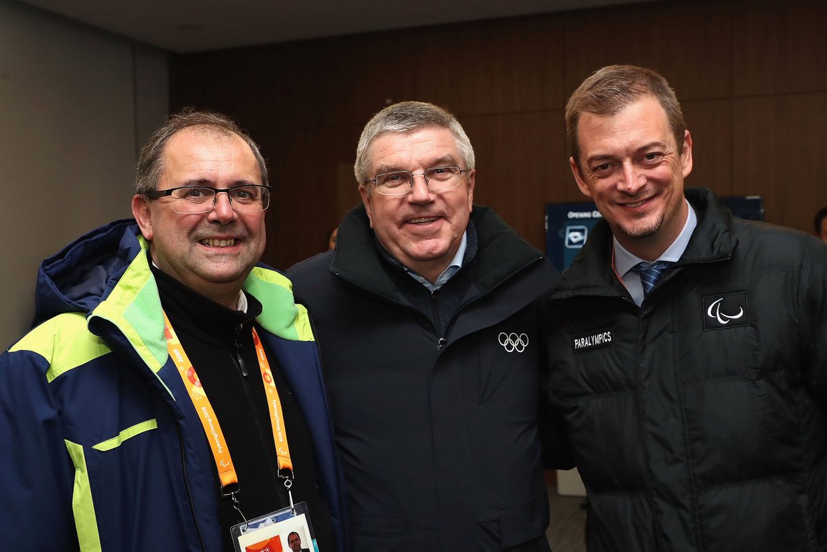 IPC CEO Xavi Gonzalez, IOC president Thomas Bach and IPC president Andrew Parsons.