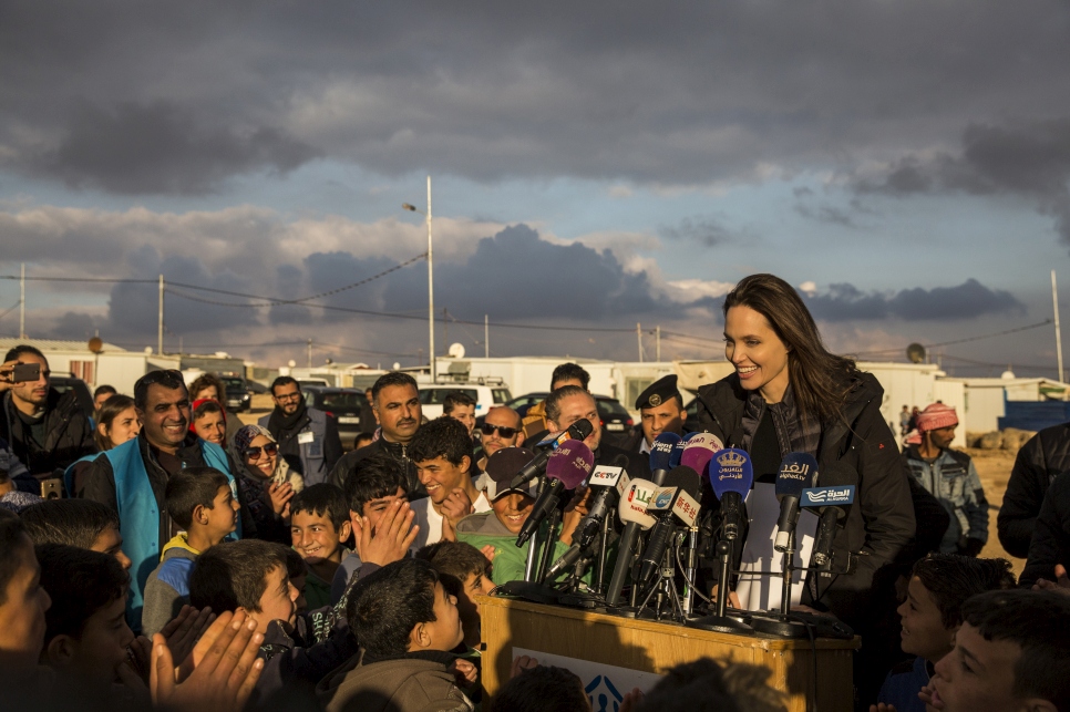 UNHCR Special Envoy Angelina Jolie meets Syrian refugees at Za'atari camp in Jordan. 