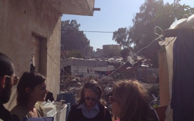 Maureen White with Joanne Leedom-Ackerman visiting refugee communities in Saida