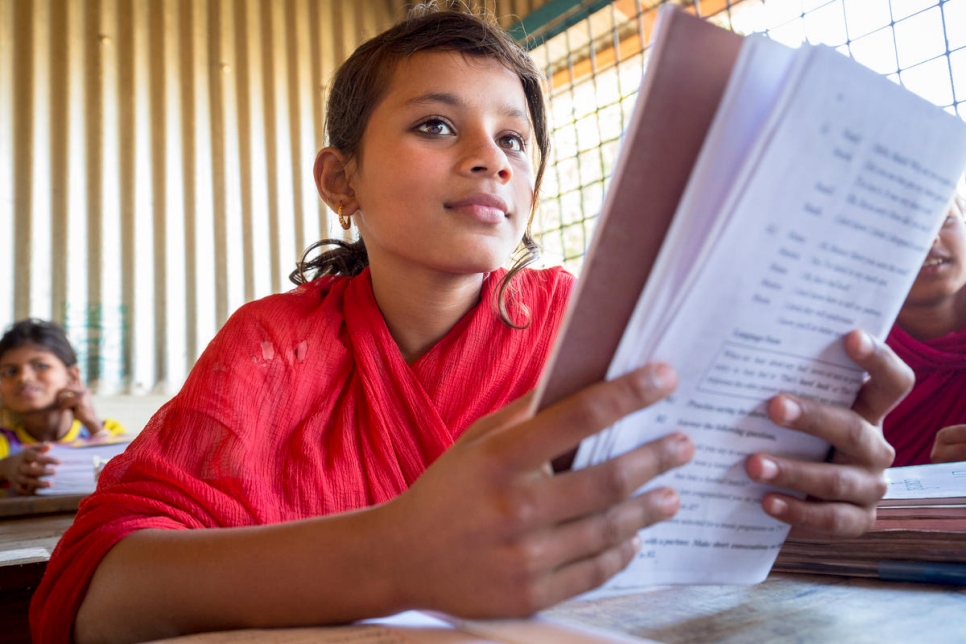 "I like to study English very much, so I can communicate with people of different nationalities easily"

Eleven-year-old Rohingya student Nur Kalima studies at the UNHCR-funded Ashar Alo Junior High School, in Kutupalong refugee camp, Bangladesh. Her long-term ambition is to complete a PhD in English.