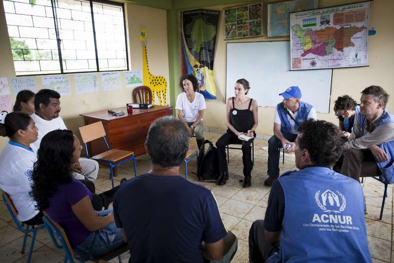 Angelina Jolie meets members of Providencia community. This isolated community was established in 1994 by refugees fleeing violence in Colombia, but received no outside help until 2008 when UNHCR reached out to them for the first time.  Since that time, the refugees have been registered and
a primary school has been built, but the community still faces many challenges.
