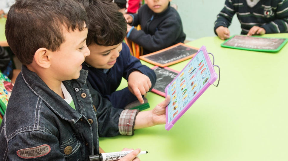 Young students at Hope kindergarten in Kenitra, northern Morocco, enjoy study time in class.