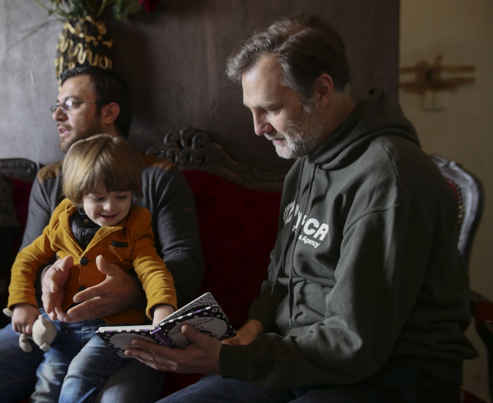 David meets Syrian refugees Talal Khaled Marwan (aged 32, left), his wife Maha (26, not pictured) and their son Hisham. Originally from Homs, they have been in Lebanon for five years since fleeing bombings in Syria. Talal has been working as a carpenter in Lebanon but is hoping for a new start and opportunities as the family are being resettled to the UK. Both Talal and Maha's mothers came from Syria to say their final goodbyes to the family.