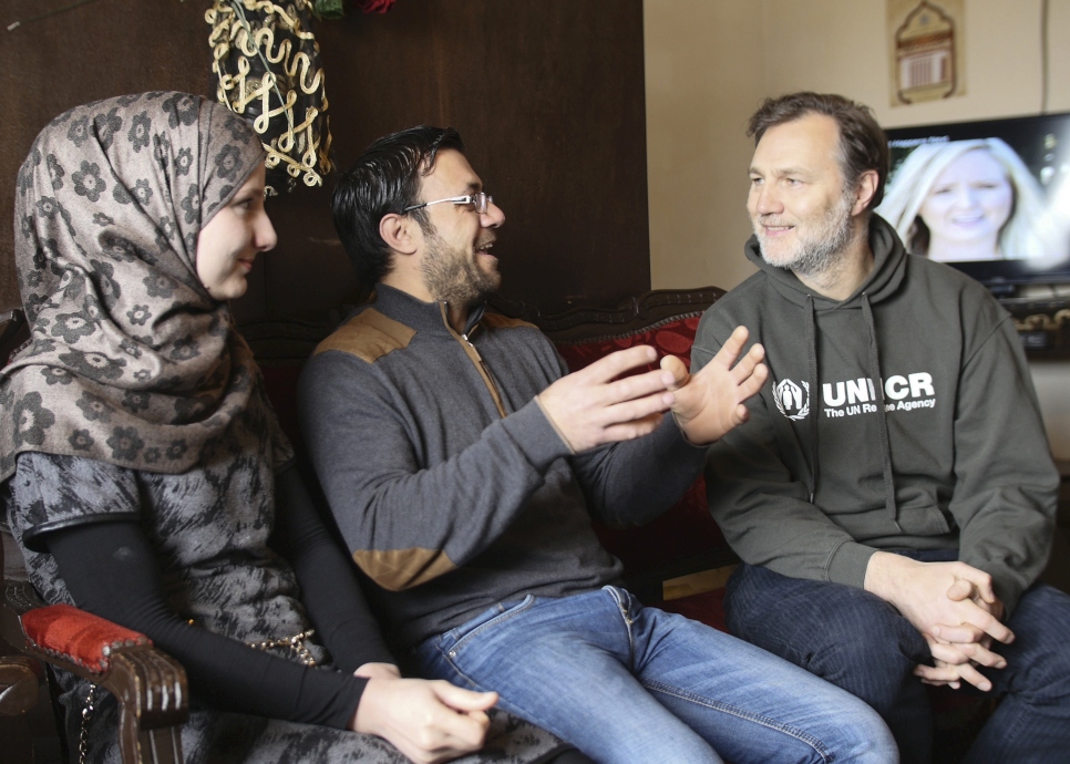 David meets Syrian refugees Talal Khaled Marwan (aged 32, right, his wife Maha (26, left) and their son Hisham. Originally from Homs, they have been in Lebanon for five years since fleeing bombings in Syria. Talal has been working as a carpenter in Lebanon but is hoping for a new start and opportunities as the family are being resettled to the UK. Both Talal and Maha's mothers came from Syria to say their final goodbyes to the family.