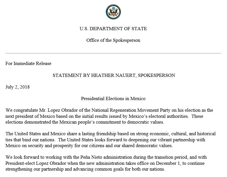 A statement by Spokesperson Heather Nauert on Presidential Elections in Mexico.
