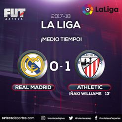 '#LaLiga 🇪🇦

@[19034719952:274:Real Madrid C.F.] 0-1 @[198647706833666:274:Athletic Club] 

¡Concluye la primera mitad! ☝Sorpresa en el Bernabéu.'
