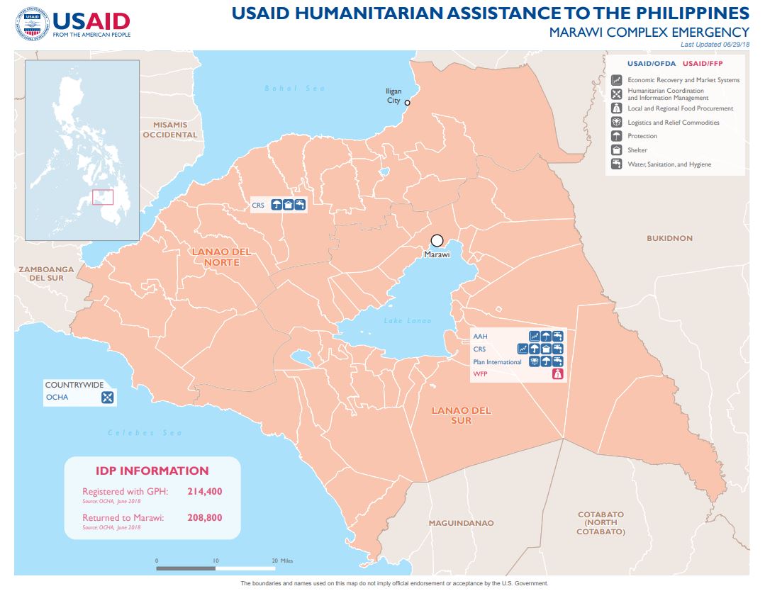 Map of where USAID humanitarian assistance programs for the Marawi complex emergency are located in the Philippines.