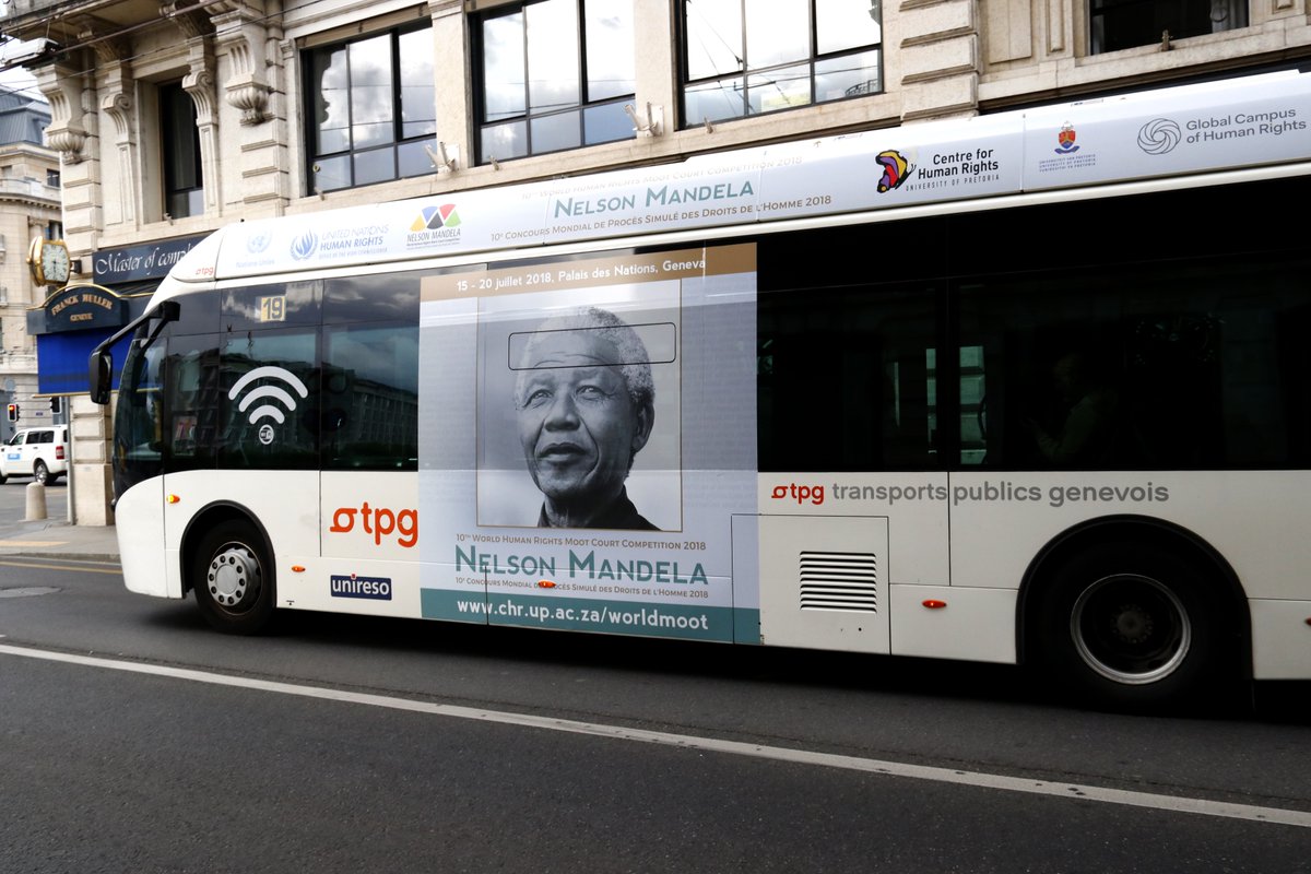 Buses in Geneva with the 10th Nelson Mandela World Moot Court Competition poster