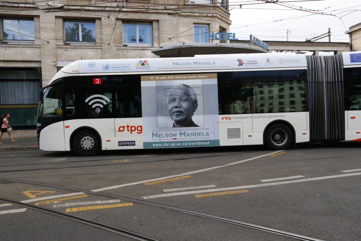Buses in Geneva with the 10th Nelson Mandela World Moot Court Competition poster