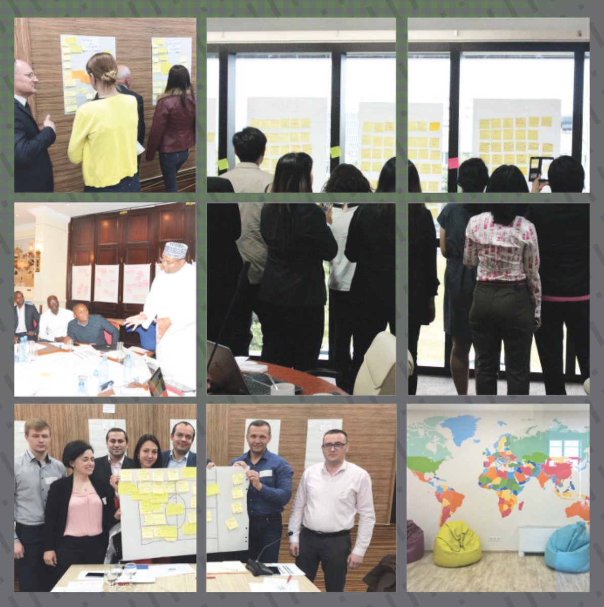 Front cover of the report - variety of photo of teams brainstorming ideas with post-it stickers