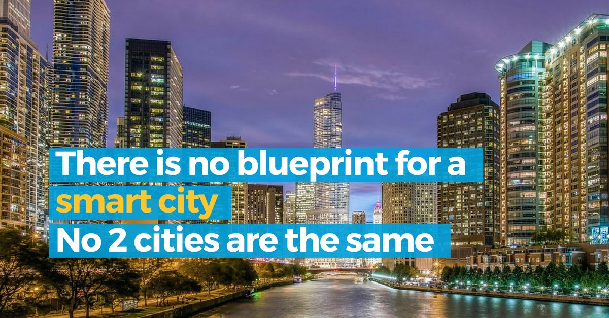 Skyline of a city lit up at night fall. Text: there is no blueprint for a smart city. No 2 cities are the same