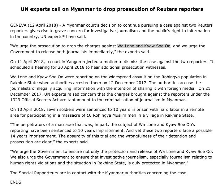 OHCHR Press Release: "UN experts call on Myanmar to drop prosecution of Reuters reporters"
