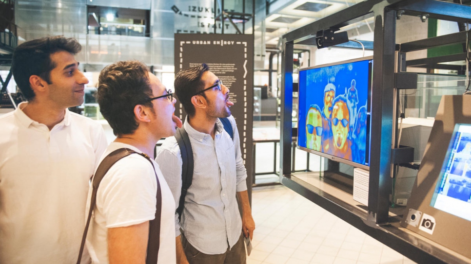 Fooling about with thermal images -- Afghan refugees enjoy a visit to Vienna's Technical Museum with the Refugees for Refugees self-help group.