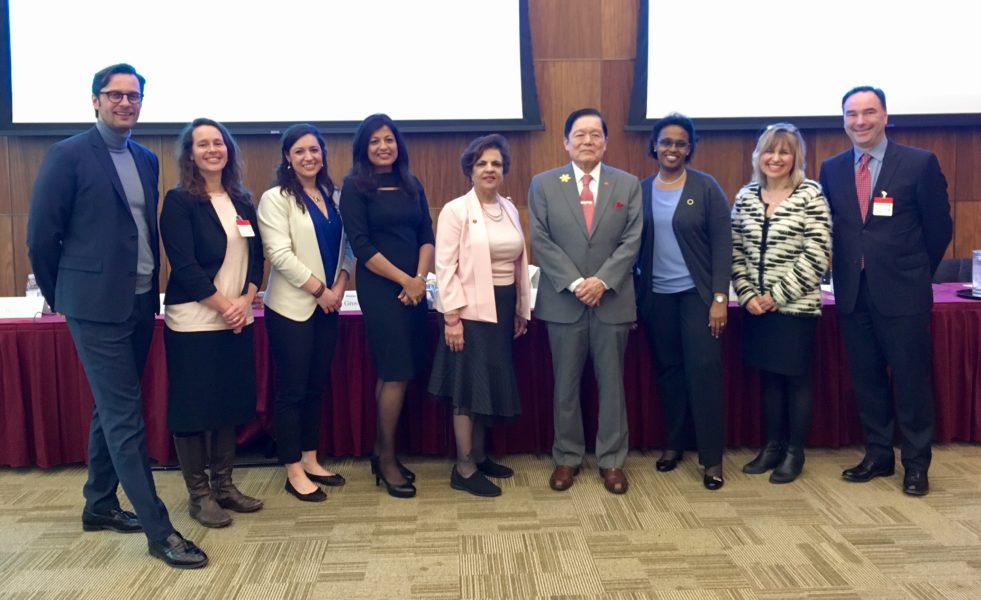 From left to right, Jean-Nicolas Beuze (UNHCR), Dr. Rachel Kronick (Jewish General Hospistal, Montreal), Hanna Gros (IHRP, University of Toronto), Rana Khan (UNHCR), Senator Mobina Jaffer, Senator Victor Oh, Marian Shermarke (PRAIDA), Anne Woolger (Matthew House, Toronto) and Bryan Shone (CAS, Peel Region).