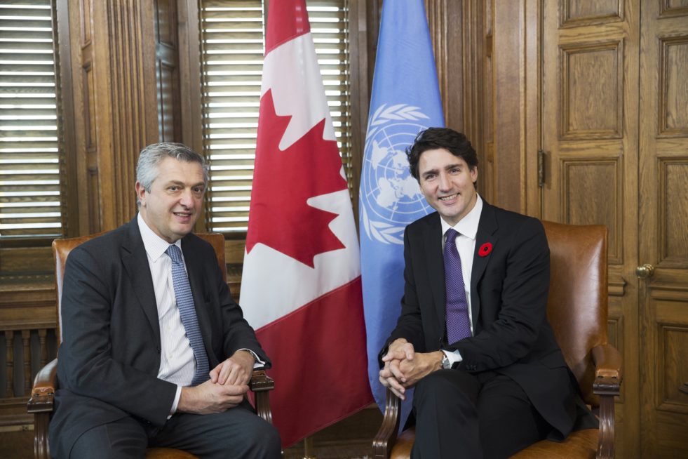 High Commissioner for Refugees Filippo Grandi (left) meets with Prime Minister of Canada Justin Trudeau (right) in Ottawa, during his visit to Canada. ; On his second visit to Canada as High Commissioner, Filippo Grandi met with Prime Minister Trudeau and praised Canada for being a “champion” of refugees with its generous resettlement efforts. Meeting government officials in Ottawa, he said Canada was among the top 10 donors to UNHCR. Canada has adopted a Feminist International Assistance Policy designed to ensure that 95 per cent of the country’s foreign aid helps improve the lives of women and the country received global attention in 2015 with a programme to resettle 25,000 Syrian refugees. Grandi met Quebec officials to discuss a surge of asylum-seekers at the Canada-US border, spent time with community organisations hoping to improve the resettlement experience, viewed a demonstration by tech students developing applications to assist refugees and met refugee students who received full scholarships to study in Canada.