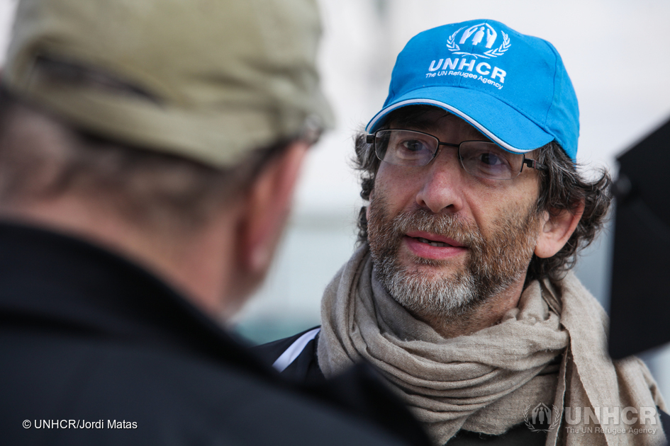 Jordan. UNHCR High Profile Supporters Georgina Chapman and Neil Gaiman visit refugees at Zaatari camp