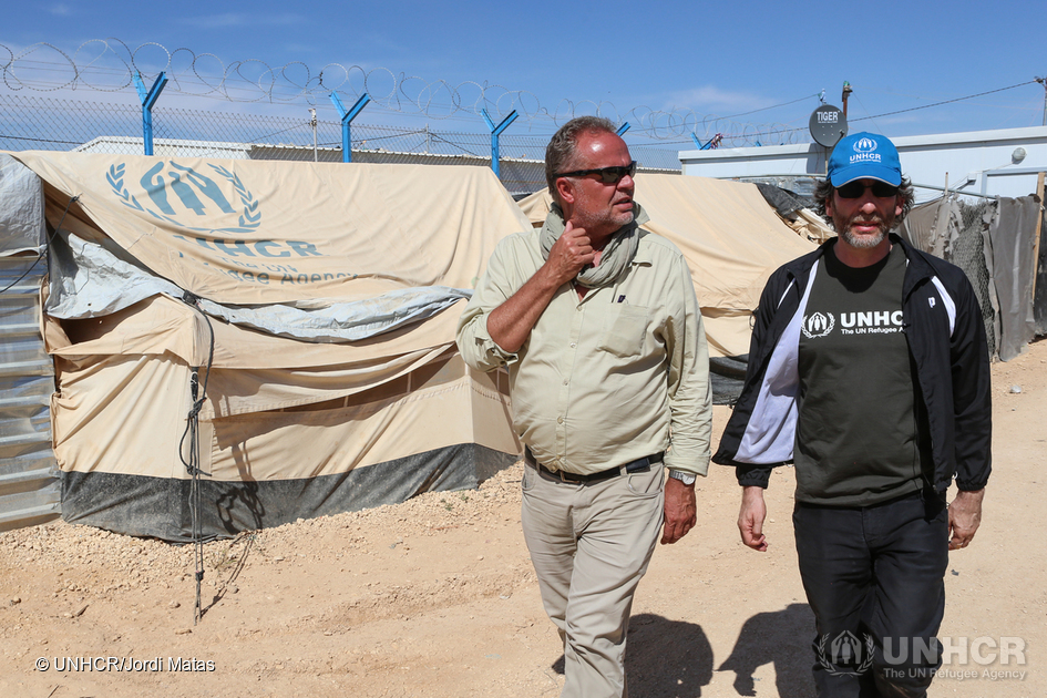 Jordan. UNHCR High Profile Supporter Neil Gaiman visits refugees at Zaatari camp