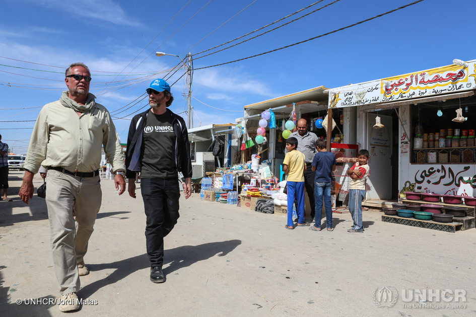 Jordan. UNHCR High Profile Supporter Neil Gaiman visits refugees at Zaatari camp