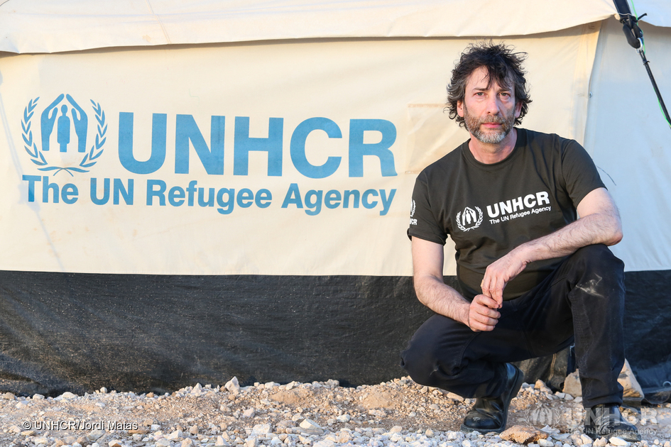 Jordan. UNHCR High Profile Supporter Neil Gaiman visits refugees at Zaatari camp