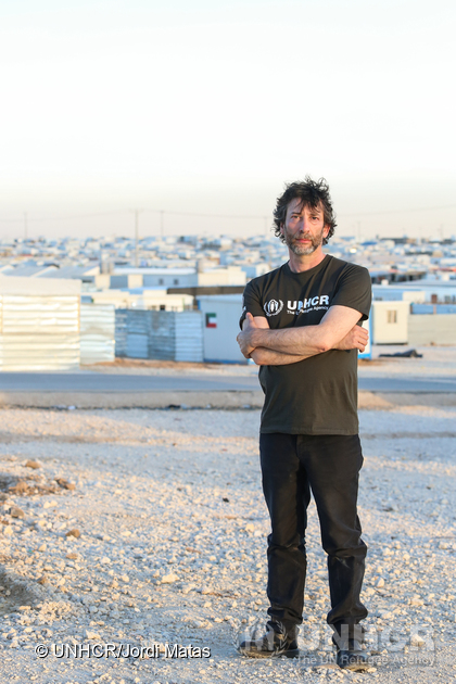 Jordan. UNHCR High Profile Supporter Neil Gaiman visits refugees at Zaatari camp