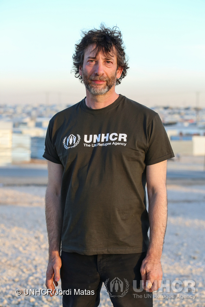 Jordan. UNHCR High Profile Supporter Neil Gaiman visits refugees at Zaatari camp