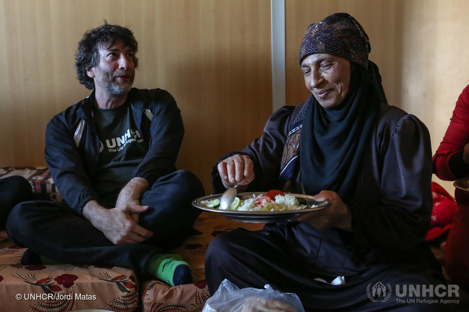 Jordan. UNHCR High Profile Supporters Georgina Chapman and Neil Gaiman visit refugees at Zaatari camp