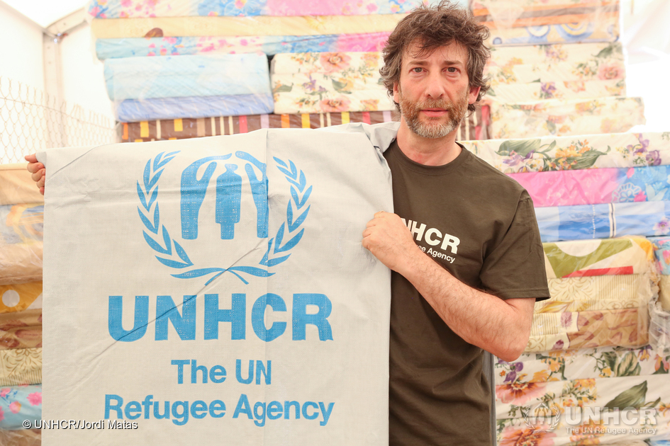 Jordan. UNHCR High Profile Supporters Georgina Chapman and Neil Gaiman visit refugees at Azraq camp