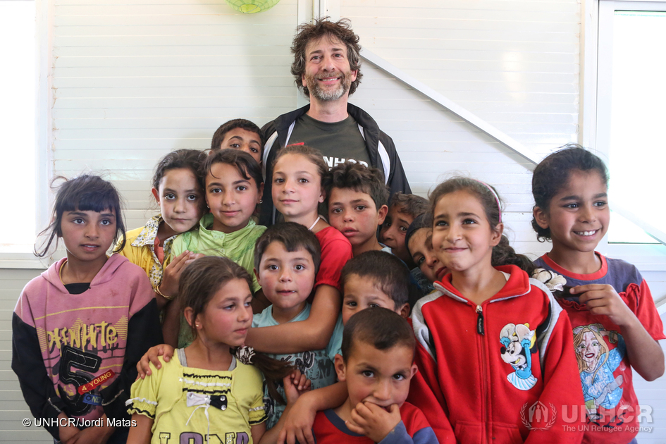 Jordan. UNHCR High Profile Supporters Georgina Chapman and Neil Gaiman visit refugees at Azraq camp