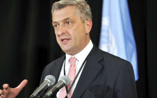 UN High Commissioner for refugees, Filippo Grandi, addresses staff at headquarters in Geneva, Switzerland.